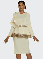 Donna Vinci Couture <br> (Fall 2025) <br> DV12231-BU <br> <br> BUTTERCUP <br> 10 12 14 16 18 20 22<br> <br> 2pc. Jacket & Skirt Set <br> Poly/Spandex Fabric Trimmed With Gold Sequins And A Beautiful Rhinestone Design Broach on Shoulder Bow