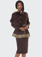 Donna Vinci Couture <br> (Fall 2025) <br> DV12231-CH <br> <br> CHOCOLATE <br> 10 12 14 16 18 20 22<br> <br> 2pc. Jacket & Skirt Set <br> Poly/Spandex Fabric Trimmed With Gold Sequins And A Beautiful Rhinestone Design Broach on Shoulder Bow