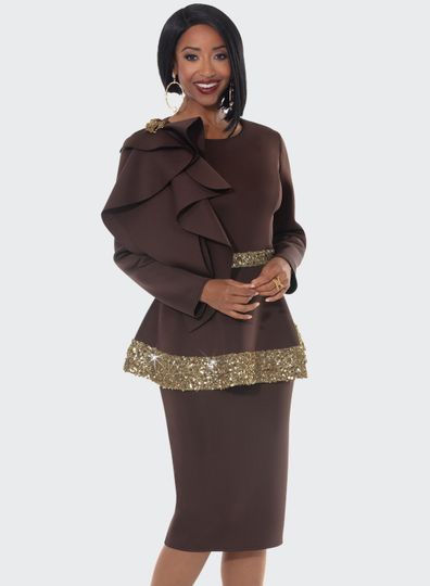 Donna Vinci Couture <br> (Fall 2025) <br> DV12231-CH <br> <br> CHOCOLATE <br> 10 12 14 16 18 20 22<br> <br> 2pc. Jacket & Skirt Set <br> Poly/Spandex Fabric Trimmed With Gold Sequins And A Beautiful Rhinestone Design Broach on Shoulder Bow