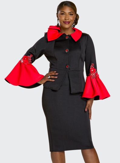 Donna Vinci Couture <br> (Fall 2025) <br> DV12233 <br> <br> BLACK/RED <br> 10 12 14 16 18 20 22<br> <br> 2pc. Jacket & Skirt Set <br> Poly/Spandex Fabric Trimmed With Red/Black Buttons And 3D Embroidered & Stone Trims On Sleeves