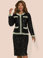 Donna Vinci Couture <br> (Fall 2025) <br> DV12234 <br> <br> BLACK <br> 10 12 14 16 18 20 22<br> <br> 2pc. Jacket & Skirt Set <br> High Quality Sequin Fabric With Stretch Trimmed With Mint Color Pearls