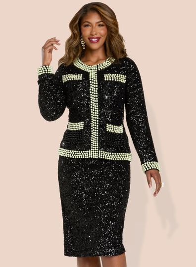 Donna Vinci Couture <br> (Fall 2025) <br> DV12234 <br> <br> BLACK <br> 10 12 14 16 18 20 22<br> <br> 2pc. Jacket & Skirt Set <br> High Quality Sequin Fabric With Stretch Trimmed With Mint Color Pearls