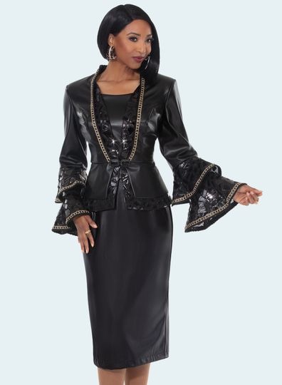 Donna Vinci Couture <br> (Fall 2025) <br> DV12235 <br> <br> BLACK <br> 10 12 14 16 18 20 22<br> <br> 2pc. Jacket & Skirt Set <br> High Quality Faux Leather Trimmed With Novelty Fabric On Cuffs, Front & Around. Gold Trims & Black Rhinestone Buckle Closure