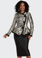 Donna Vinci Couture <br> (Fall 2025) <br> DV12238 <br> <br> GOLD/BLACK <br> 10 12 14 16 18 20 22<br> <br> 2pc. Jacket & Skirt Set <br> Novelty Brocade Fabric With Black Virtual Silk, Trimmed With High Quality Faux Fur On Cuffs, Buttons, Front And Around
