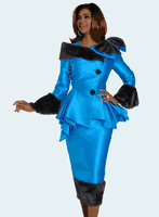 Donna Vinci Couture <br> (Fall 2025) <br> DV12239 <br> <br> BLUE-DIAMOND <br> 8 10 12 14 16 18 20<br> <br> 2pc. Jacket & Skirt Set <br> Virtual Silk Fabric Trimmed With High Quality Black Faux Fur