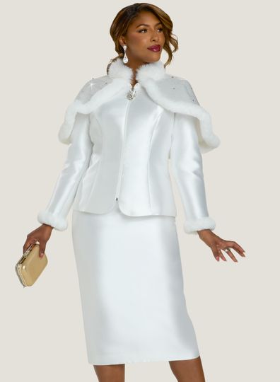 Donna Vinci Couture <br> (Fall 2025) <br> DV12240 <br> <br> OFF-WHITE <br> 10 12 14 16 18 20 22<br> <br> 2pc. Jacket & Skirt Set <br> Virtual Silk Fabric Trimmed With High Quality Fux Fur & Clear Rhinestones