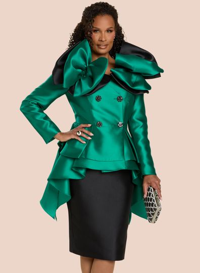 Donna Vinci Couture <br> (Fall 2025) <br> DV12241 <br> <br> FOREST/BLACK <br> 8 10 12 14 16 18 20<br> <br> 2pc. Jacket & Skirt Set <br> Virtual Silk Fabrics Designed With Rhinestone Buttons