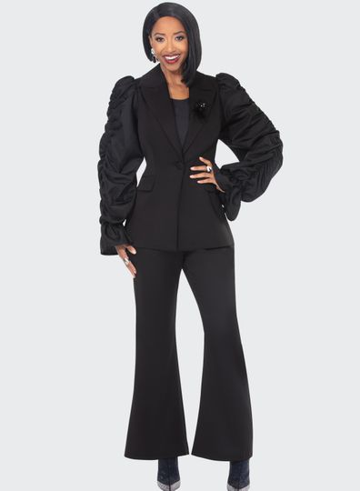 Donna Vinci Couture <br> (Fall 2025) <br> DV12242 <br> <br> BLACK <br> 8 10 12 14 16 18 20<br> <br> 3pc. Jacket, Top & Pant Set <br> High Quality Crepe Fabric With Stretch, Sleeves Designed With Matt Satin Fabric & Stretch Camisole