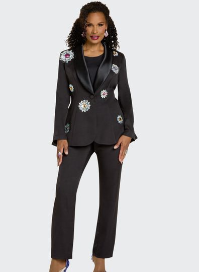 Donna Vinci Couture <br> (Fall 2025) <br> DV12243 <br> <br> BLACK <br> 8 10 12 14 16 18 20<br> <br> 3pc. Jacket, Top & Pant Set <br> High Quality Crepe Fabric With Stretch, Satin Fabric on Collar & Back Criss-Cross, Trimmed With Elaborate Rhinestone Flowers Design. Stretch Camisole