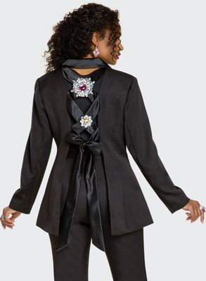 Donna Vinci Couture <br> (Fall 2025) <br> DV12243 <br> <br> BLACK <br> 8 10 12 14 16 18 20<br> <br> 3pc. Jacket, Top & Pant Set <br> High Quality Crepe Fabric With Stretch, Satin Fabric on Collar & Back Criss-Cross, Trimmed With Elaborate Rhinestone Flowers Design. Stretch Camisole Donna Vinci Couture <br> (Fall 2025) <br> DV12243 <br> <br> BLACK <br> 8 10 12 14 16 18 20<br> <br> 3pc. Jacket, Top & Pant Set <br> High Quality Crepe Fabric With Stretch, Satin Fabric on Collar & Back Criss-Cross, Trimmed With Elaborate Rhinestone Flowers Design. Stretch Camisole