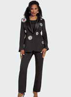 Donna Vinci Couture <br> (Fall 2025) <br> DV12243 <br> <br> BLACK <br> 8 10 12 14 16 18 20<br> <br> 3pc. Jacket, Top & Pant Set <br> High Quality Crepe Fabric With Stretch, Satin Fabric on Collar & Back Criss-Cross, Trimmed With Elaborate Rhinestone Flowers Design. Stretch Camisole