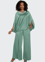 Donna Vinci Couture <br> (Spring/Summer 2026) <br> DV12244-SG <br> <br> SAGE-GREEN <br> 8 10 12 14 16 18 20<br> <br> 2pc. Top & Pant Set <br> High Quality Satin Crepe Fabric, All Around Neck Trimmed With Beautiful Rhinestones