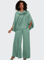 Donna Vinci Couture <br> (Fall 2025) <br> DV12244-SG <br> <br> SAGE-GREEN <br> 8 10 12 14 16 18 20<br> <br> 2pc. Jacket & Pant Set <br> High Quality Satin Crepe Fabric, All Around Neck Trimmed With Beautiful Rhinestones