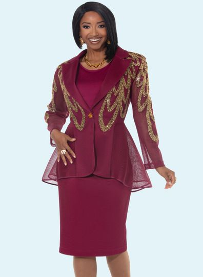 Donna Vinci Couture <br> (Fall 2025) <br> DV5865-BU <br> <br> BURGUNDY/GOLD <br> 8 10 12 14 16 18 20<br> <br> 3pc. Jacket, Cami & Skirt Set <br> Mesh Jacket With Elaborate Beaded Design, Stretch Cami and Mesh Skirt Fully Lined