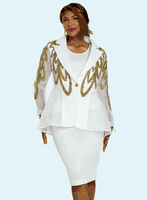 Donna Vinci Couture <br> (Fall 2025) <br> DV5865-WH <br> <br> WHITE/GOLD <br> 8 10 12 14 16 18 20<br> <br> 3pc. Jacket, Cami & Skirt Set <br> Mesh Jacket With Elaborate Beaded Design, Stretch Cami and Mesh Skirt Fully Lined