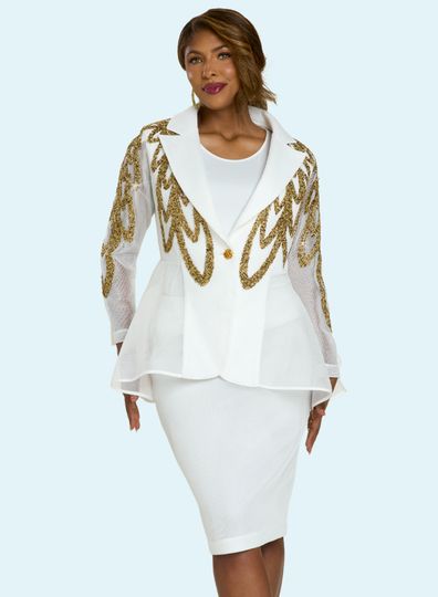 Donna Vinci Couture <br> (Fall 2025) <br> DV5865-WH <br> <br> WHITE/GOLD <br> 8 10 12 14 16 18 20<br> <br> 3pc. Jacket, Cami & Skirt Set <br> Mesh Jacket With Elaborate Beaded Design, Stretch Cami and Mesh Skirt Fully Lined