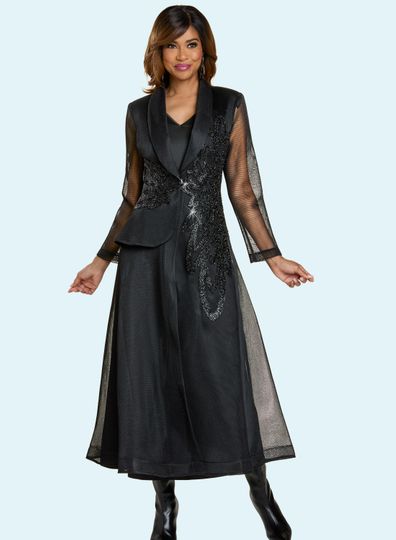 Donna Vinci Couture <br> (Fall 2025) <br> DV5868-BL <br> <br> BLACK/BLK <br> 8 10 12 14 16 18 20<br> <br> 2pc. Dress/Jacket <br> Mesh Duster With Elaborate Beaded Design and Stretch Dress
