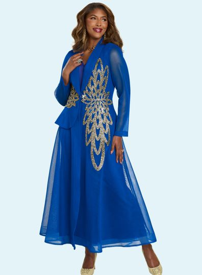 Donna Vinci Couture <br> (Fall 2025) <br> DV5868-RO <br> <br> ROYAL/GOLD <br> 8 10 12 14 16 18 20<br> <br> 2pc. Dress/Jacket <br> Mesh Duster With Elaborate Beaded Design and Stretch Dress