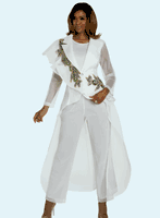Donna Vinci Couture <br> (Fall 2025) <br> DV5869 <br> <br> WHITE <br> 8 10 12 14 16 18 20<br> <br> 3pc. Jacket, Cami & Pant Set <br> Mesh hi-low Jacket With Elaborate Beaded Design, Stretch Cami and Mesh Pant Fully Lined