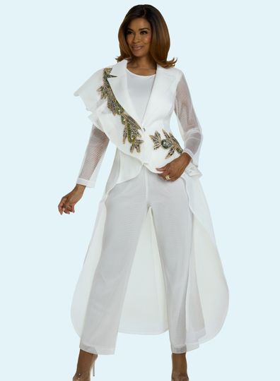 Donna Vinci Couture <br> (Fall 2025) <br> DV5869 <br> <br> WHITE <br> 8 10 12 14 16 18 20<br> <br> 3pc. Jacket, Cami & Pant Set <br> Mesh hi-low Jacket With Elaborate Beaded Design, Stretch Cami and Mesh Pant Fully Lined