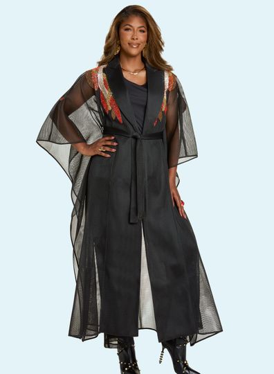 Donna Vinci Couture <br> (Fall 2025) <br> DV5870 <br> <br> BLACK/MULTI <br> 8 10 12 14 16 18 20<br> <br> 3pc. Jacket, Cami & Pant Set <br> Mesh Duster With Elaborate Rhinestone & Bead Design, Stretch Cami and Mesh Pant Fully Lined
