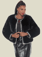 Donna Vinci Couture <br> (Fall 2025) <br> DV5871-BL <br> <br> BLACK <br> S M L XL 1X<br> <br> Fur Jacket <br> High Quality Faux Fur, Fully Lined and Rhinestone Trims