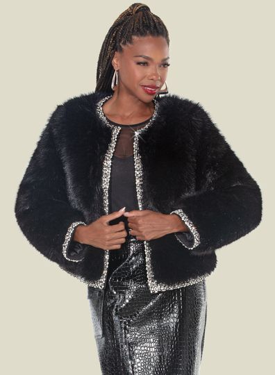 Donna Vinci Couture <br> (Fall 2025) <br> DV5871-BL <br> <br> BLACK <br> S M L XL 1X<br> <br> Fur Jacket <br> High Quality Faux Fur, Fully Lined and Rhinestone Trims