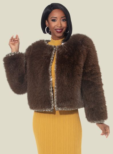 Donna Vinci Couture <br> (Fall 2025) <br> DV5871-BR <br> <br> BROWN <br> S M L XL 1X<br> <br> Fur Jacket <br> High Quality Faux Fur, Fully Lined and Rhinestone Trims