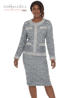 Donna Vinci Couture <br> (Fall/Holiday 2026) <br> DV12234-SI <br> <br> SILVER <br> 10 12 14 16 18 20 22<br> <br> 2pc. Jacket & Skirt Set <br> High Quality Sequin Fabric With Stretch Trimmed With Pearls