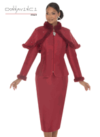 Donna Vinci Couture <br> (Fall/Holiday 2026) <br> DV12240-BU <br> <br> BURGUNDY <br> 10 12 14 16 18 20 22<br> <br> 2pc. Jacket & Skirt Set <br> Virtual Silk Fabric Trimmed With High Quality Fux Fur & Clear Rhinestones