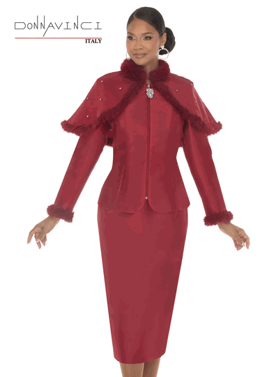 Donna Vinci Couture <br> (Fall/Holiday 2026) <br> DV12240-BU <br> <br> BURGUNDY <br> 10 12 14 16 18 20 22<br> <br> 2pc. Jacket & Skirt Set <br> Virtual Silk Fabric Trimmed With High Quality Fux Fur & Clear Rhinestones