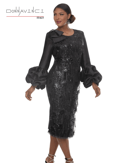 Donna Vinci Couture <br> (Fall/Holiday 2026) <br> DV12276-BL <br> <br> BLACK <br> 6 8 10 12 14 16 18 20<br> <br> Dress <br> Virtual Silk Fabric Designed With Novelty Sequin Fabric & Rhinestones
