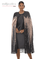 Donna Vinci Couture <br> (Fall/Holiday 2026) <br> DV12277 <br> <br> BLACK/GOLD <br> 8 10 12 14 16 18 20 22<br> <br> 2pc. Dress & Cape Set <br> Virtual Silk Fabric In Dress and Chiffon Cape Trimmed With Gold & Black Sequin