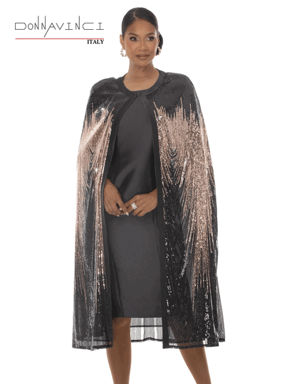 Donna Vinci Couture <br> (Fall/Holiday 2026) <br> DV12277 <br> <br> BLACK/GOLD <br> 8 10 12 14 16 18 20 22<br> <br> 2pc. Dress & Cape Set <br> Virtual Silk Fabric In Dress and Chiffon Cape Trimmed With Gold & Black Sequin