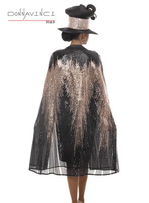 Donna Vinci Couture <br> (Fall/Holiday 2026) <br> DV12277 <br> <br> BLACK/GOLD <br> 8 10 12 14 16 18 20 22<br> <br> 2pc. Dress & Cape Set <br> Virtual Silk Fabric In Dress and Chiffon Cape Trimmed With Gold & Black Sequin