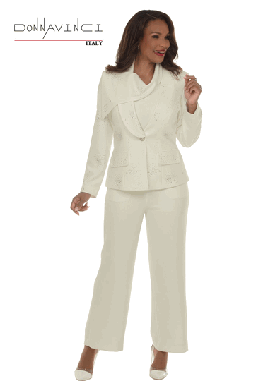 Donna Vinci Couture <br> (Fall/Holiday 2026) <br> DV12278-OF <br> <br> OFF-WHITE <br> 4 6 8 10 12 14 16 18<br> <br> 3pc. Jacket, Cami & Pant Set <br> Peach Skin Fabric Trimmed With Rhinestones