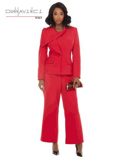 Donna Vinci Couture <br> (Fall/Holiday 2026) <br> DV12278-RE <br> <br> RED <br> 4 6 8 10 12 14 16 18<br> <br> 3pc. Jacket, Cami & Pant Set <br> Peach Skin Fabric Trimmed With Rhinestones