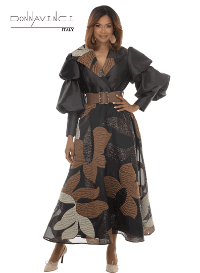 Donna Vinci Couture <br> (Fall/Holiday 2026) <br> DV12279 <br> <br> BROWN/BLACK <br> 6 8 10 12 14 16 18 20<br> <br> Dress <br> Virtual Silk Fabric Designed With Novelty Fabric. Belt Included.