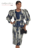 Donna Vinci Couture <br> (Fall/Holiday 2026) <br> DV12282 <br> <br> NAVY <br> 8 10 12 14 16 18 20 22<br> <br> 3pc. Jacket, Cami & Skirt Set <br> Exclusive Novelty Fabric Trimmed With Navy Rhinestones & Elaborate Buckle and Detachable Brooch