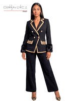 Donna Vinci Couture <br> (Fall/Holiday 2026) <br> DV12283 <br> <br> BLACK/GOLD <br> 6 8 10 12 14 16 18 20<br> <br> 3pc. Jacket, Cami & Pant Set <br> Crepe Fabric With Gold Trims & Faux Fur