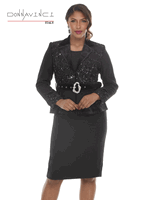 Donna Vinci Couture <br> (Fall/Holiday 2026) <br> DV12284 <br> <br> BLACK <br> 8 10 12 14 16 18 20 22<br> <br> 3pc. Jacket, Cami & Skirt Set <br> Novelty Boucle Fabric Trimmed With Sequin & Velvet Fabric. Belt Included.