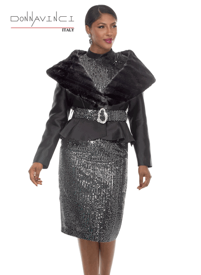 Donna Vinci Couture <br> (Fall/Holiday 2026) <br> DV12285 <br> <br> BLACK <br> 10 12 14 16 18 20 22 24<br> <br> 3pc. Jacket, Cami & Skirt Set <br> Novelty Sequin Fabric With Virtual Silk Fabric, Trimmed With Faux Fur. Belt Included.