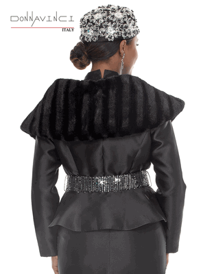 Donna Vinci Couture <br> (Fall/Holiday 2026) <br> DV12285 <br> <br> BLACK <br> 10 12 14 16 18 20 22 24<br> <br> 3pc. Jacket, Cami & Skirt Set <br> Novelty Sequin Fabric With Virtual Silk Fabric, Trimmed With Faux Fur. Belt Included.