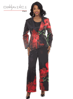 Donna Vinci Couture <br> (Fall/Holiday 2026) <br> DV12286 <br> <br> RED/BLACK <br> 4 6 8 10 12 14 16 18<br> <br> 3pc. Jacket, Cami & Pant Set <br> Semi-Mat Satin Fabric in Print With Rhinestone button