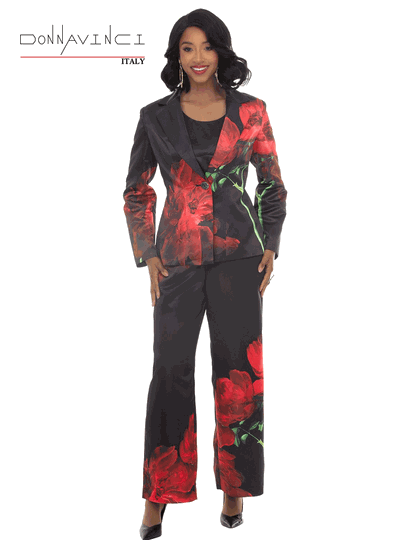 Donna Vinci Couture <br> (Fall/Holiday 2026) <br> DV12286 <br> <br> RED/BLACK <br> 4 6 8 10 12 14 16 18<br> <br> 3pc. Jacket, Cami & Pant Set <br> Semi-Mat Satin Fabric in Print With Rhinestone button