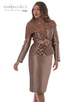 Donna Vinci Couture <br> (Fall/Holiday 2026) <br> DV12288 <br> <br> ALMOND <br> 8 10 12 14 16 18 20<br> <br> 2pc. Jacket & Skirt Set <br> Virtual Silk Look Fabric Designed With Novelty Fabric Trimmed in Velvet & Sequin. Belt Included.