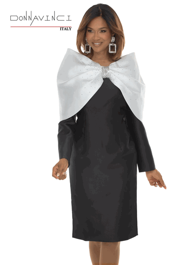 Donna Vinci Couture <br> (Fall/Holiday 2026) <br> DV12291-BL <br> <br> BLACK/OFF-WHITE <br> 6 8 10 12 14 16 18 20<br> <br> Dress <br> Virtual Silk Look Fabric Trimmed With Rhinestones