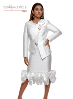 Donna Vinci Couture <br> (Fall/Holiday 2026) <br> DV12292-OF <br> <br> OFF-WHITE <br> 8 10 12 14 16 18 20<br> <br> 2pc. Jacket & Skirt Set <br> Virtual Silk Look Fabric & Beautiful Gold Trims