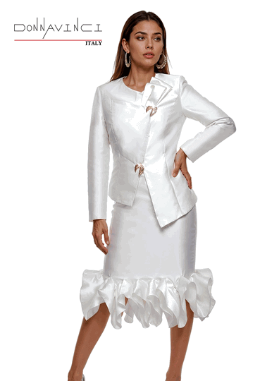 Donna Vinci Couture <br> (Fall/Holiday 2026) <br> DV12292-OF <br> <br> OFF-WHITE <br> 8 10 12 14 16 18 20<br> <br> 2pc. Jacket & Skirt Set <br> Virtual Silk Look Fabric & Beautiful Gold Trims