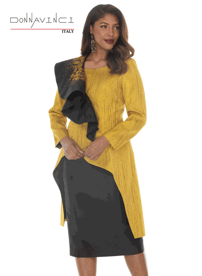 Donna Vinci Couture <br> (Fall/Holiday 2026) <br> DV12293 <br> <br> GOLD/BLACK <br> 8 10 12 14 16 18 20<br> <br> 2pc. Top & Skirt Set <br> Exclusive Novelty Fabric For Top Trimmed With Rhinestones And Virtual Silk Look Dress